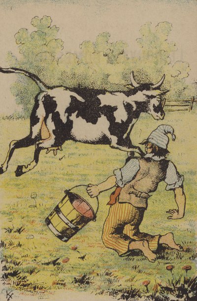 Un intento fallido de ordeñar una vaca (litografía a color) de French School