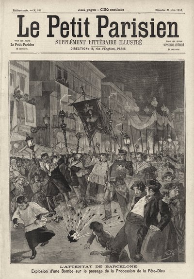 Ataque con bomba anarquista en la procesión del Corpus Christi saliendo de la Iglesia de Santa María, Barcelona, España de French School