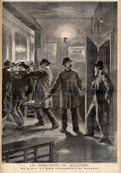 Anarquistas en Inglaterra. La policía allanando el Club de la Autonomía en Londres. Anarquistas en Inglaterra. La policía en el Club Autonomista de Londres. Ilustración para Le petit Journal, 5 de marzo de 1894 de French School