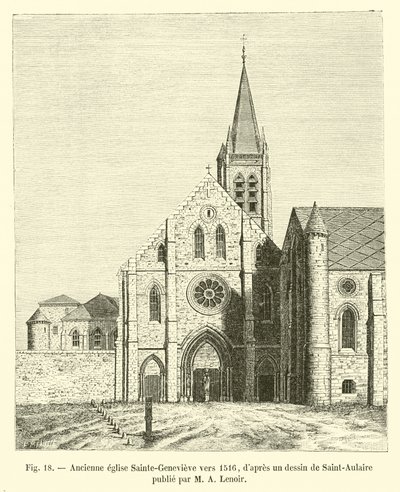Antigua iglesia Sainte-Genevieve hacia 1516, según un dibujo de Saint-Aulaire publicado por M. A. Lenoir de French School