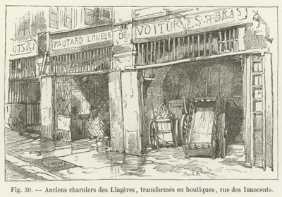 Antiguos osarios de las Lingeres, transformados en tiendas, calle de los Inocentes de French School