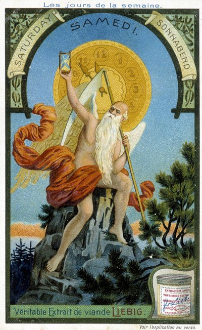 Divinidad antigua sosteniendo un reloj de arena como símbolo del paso del tiempo para ilustrar el sábado. Tarjeta publicitaria cromolitográfica de Liebig. de French School