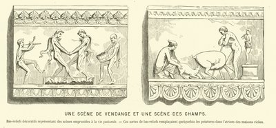 Bajorrelieves romanos antiguos que representan una cosecha de uvas y una escena en los campos de French School