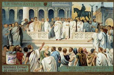 Antigua Roma: tribuno que propone una nueva ley - Cromolitografía Liebig, v.1900 de French School