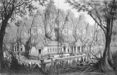 Ruinas de Angkor, Bayon, ilustración de Atlas del viaje de exploración en Indochina, 1866-68 por Doudart de Lagrée, publicado en 1873, París, Hachette de French School
