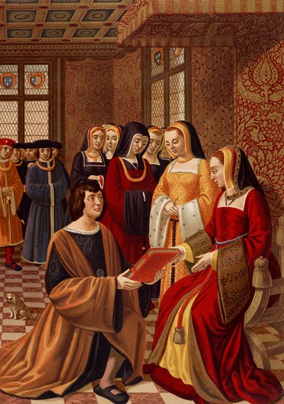 Ana de Bretaña (1477-1514) rodeada por sus damas de honor. Cromolitografía después de una miniatura del siglo XVI. Biblioteca de Artes Decorativas, París de French School