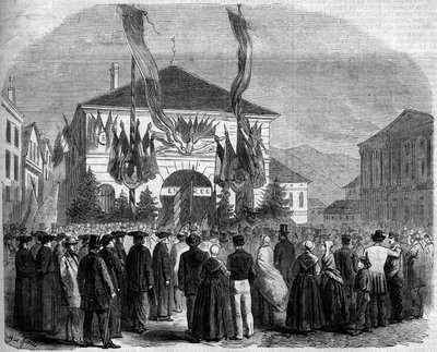Anexión de Saboya a Francia, Chambery, 22 de abril de 1860: voto de la población sobre la anexión de Saboya a Francia. Grabado en "Le Monde Illustré" n°160 del 5 de mayo de 1860 de French School