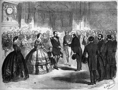 Anexión de Saboya a Francia, París, 22 de marzo de 1860: recepción de Amédée Greyfié de Bellecombe (1811-1879) y de la Diputación de Saboya por el emperador Napoleón III (1808-1873) y la emperatriz Eugenia de Montijo (1826-1920) en las Tullerías. Grabado e de French School