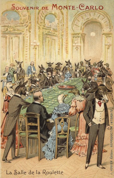Ilustración antropomorfa de las locuras del Casino de Montecarlo (litografía en color) de French School