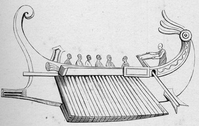 Galera antigua con tres filas de remos. Grabado en “La Marine et les colonies: commerce” de French School