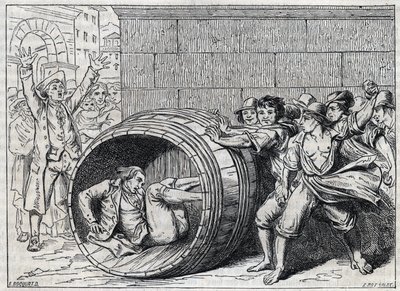 Persecución antisemita en el siglo XVII: un judío rueda en un barril por los habitantes de Roma. Ilustración de "Meo Patacca", poema de Giuseppe Berneri (1637-1700). Grabado por Bocourt de French School
