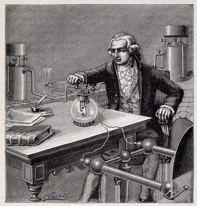 Antoine Laurent de Lavoisier (1743-1794) dirigiendo un experimento - en "Physique populaire" de Emile Desbeaux de French School