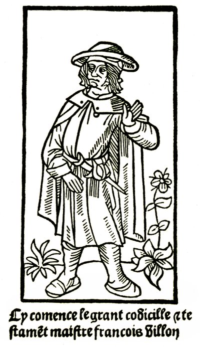 Retrato apócrifo del poeta François Villon en “The Grand Testament” - “Cy comence le grant codicille & testamet maistre François Villon” (aquí comienza el gran codicille y testamento) edición P Levet 1489. de French School