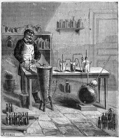 Aparato de Eugene Soubeiran (1797-1858) para la preparación de bicarbonato de sodio - Grabado en “Ciencias al alcance de todos: física y química populares” por Alexis Clerc - Finales del siglo XIX - Colección privada de French School