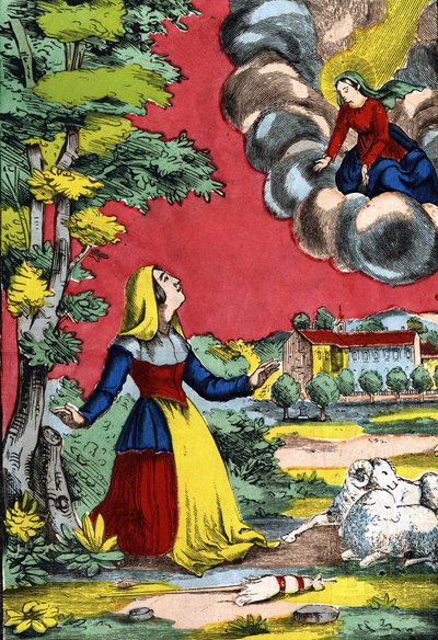 Aparición de la Virgen Bendita a la Santa Hermana Benoite, conocida como la Pastora de Laus. Imagen de Epinal, primera mitad del siglo XIX de French School