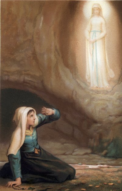 Aparición de la Virgen María a Bernadette Soubirous (1844-1879) en la cueva de Lourdes, Altos Pirineos (65) de French School