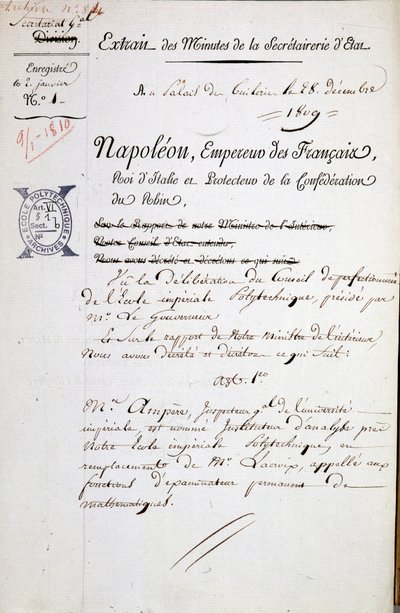 Nombramiento por Napoleón de André Marie Ampère como inspector de Politécnica - Mención obligatoria: Archivos de la Bibl. de la Escuela Politécnica de French School