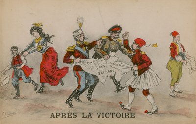 Después de la victoria, caricatura política sobre los Balcanes. Tarjeta postal enviada el 14 de junio de 1913. de French School