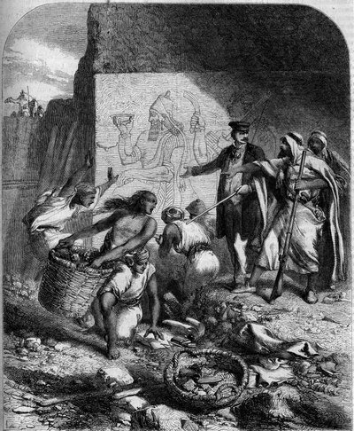 Excavaciones arqueológicas: descubiertos bajos relieves asirios en Nemroud (Asia Menor) por el arqueólogo inglés Austen Henri Layard de French School
