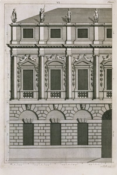 Diseño arquitectónico demostrando proporciones palladianas, grabado por Bernard Picart c.1716 de French School