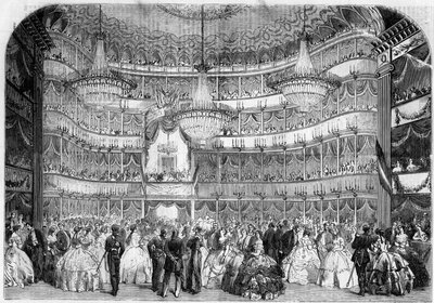 Arquitectura: vista interior del Teatro Real (siglo XIX) en Niza (Alpes Marítimos, 06), en 1858, durante el baile de caridad dado por la Sociedad Francesa de Asistencia, bajo el patrocinio de la Gran Duquesa de Baden, Stephanie de Bauharnais (1789-18 de French School