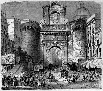 Arquitectura: vista de la Porta Capuana (1484) en Nápoles, durante la entrada de las tropas de la expedición de los Mil o las Camisas Rojas de Garibaldi en 1860. Grabado en 