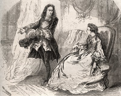 Armande Bejart (1641-1700), esposa de Jean Baptiste Poquelin dit Moliere (1622-1673) con su amante, el Conde de Guiche, Grabado de 1871 en “Histoire Des Cocus Celebres” de Henry de Kock (1819-1892). de French School