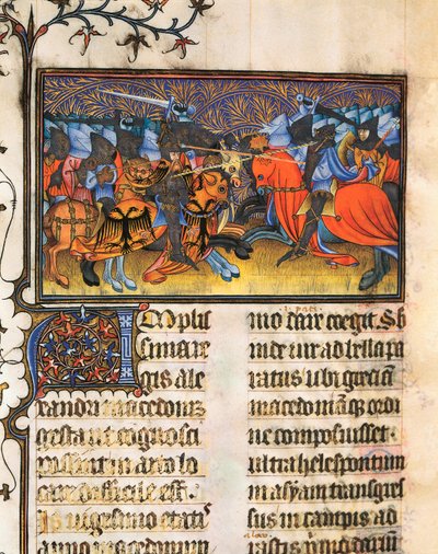 Luchador del ejército. Miniatura tomada del manuscrito de Francesco Petrarca o Petrarca (1304-1374) erudito, poeta y humanista italiano, De Viris Illustribus, 23rv. Biblioteca Universitaria de Valencia de French School