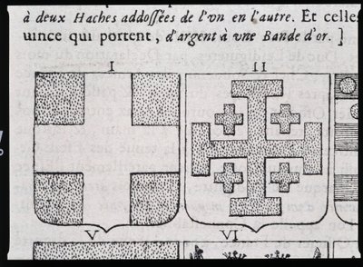 Armas de Montmorency y Godofredo de Bouillon - en "La verdadera y perfecta ciencia del escudo de armas o el índice de armas" por Pierre Paillot de French School