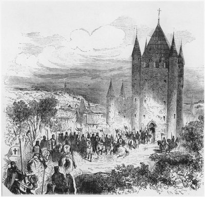 Ejército de Templarios entrando en el Templo en París, ilustración para una Histoire de France, mediados del siglo XIX de French School