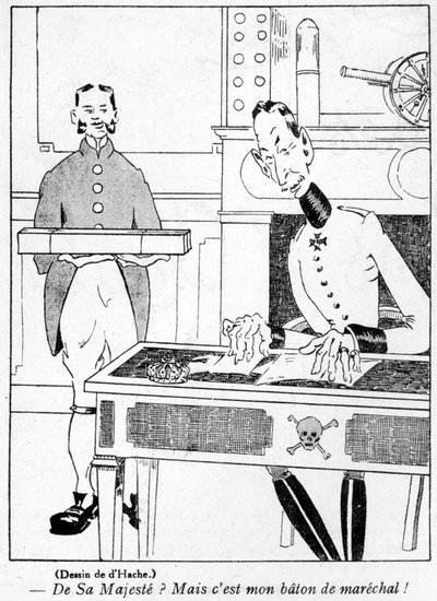 Oficial del ejército recibiendo un bastón de mariscal del Kaiser, caricatura de la edición del Día de los Inocentes de La Baionette, 29 de marzo de 1917 de French School