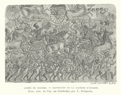 Ejército en marcha, bajorrelieve de Angkor, Camboya (grabado) de French School