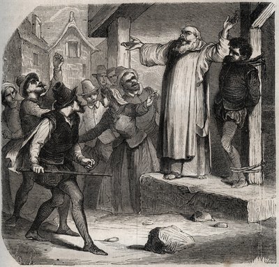 Arnaud du Tilh está atado a una horca y sometido a los insultos de la multitud antes de su ejecución por usurpar la identidad de Martin Guerre (circa 1524 alrededor de 1560). Grabado de 1871 en “Histoire Des Cocuses Celebres” de Henry de Kock de French School