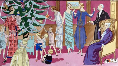 Alrededor del Árbol de Navidad, lámina de moda de la revista Art Gout Beaute, diciembre de 1923 de French School