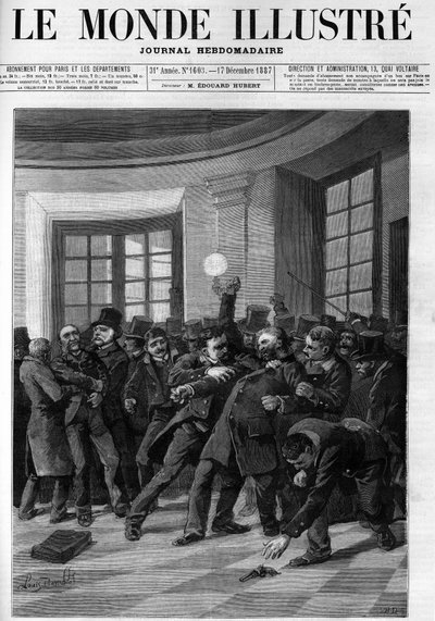 Arresto de Aubertin tras su intento de ataque a Jules Ferry en el Palais Bourbon en 1887 (Portada de 