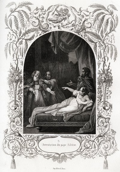 Arresto del Papa Silvere (Silverio) (Papa de 536 a 537). Grabado para ilustrar Historia de los papas por Maurice Lachatre (1814-1900), librería del progreso, París. de French School