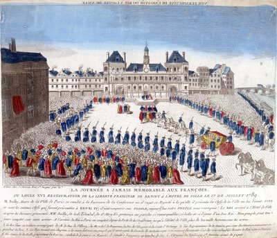 Llegada de Luis XVI al Hôtel de Ville de París el 17 de julio de 1789 (grabado) de French School