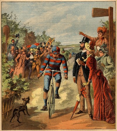 Llegada de una carrera ciclista en el campo francés. Grabado en 