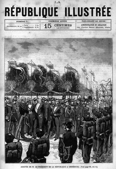 Llegada del Presidente de la República Jules Grevy (1807-1891) a las celebraciones de Cherburgo. Un periódico. Grabado de 1880 en "La republique illustree" colección privada. de French School