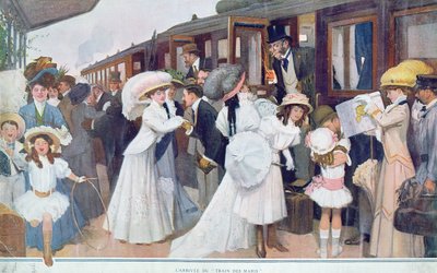 Llegada de los maridos en tren, 1908 de French School