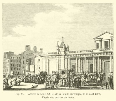 Llegada de Luis XVI y su familia al Temple, el 13 de agosto de 1792; según un grabado de la época de French School