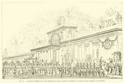 Llegada del Emperador y la Emperatriz al jardín de las Tullerías, el día de su boda, 2 de abril de 1810 de French School