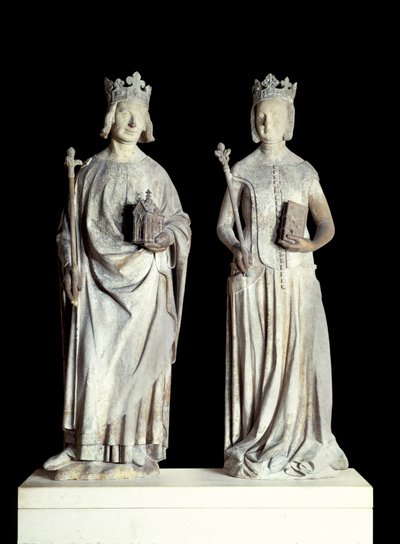 Arte Francia: Estatuas del Rey de Francia Carlos V conocido como Carlos el Sabio (1338-1380) y la Reina de Francia Juana de Borbón (1337-1378). Escultura en piedra caliza del siglo XIV. Probablemente de la fachada de la entrada oriental del Louvre de French School