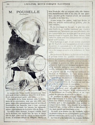 Artículo y caricatura sobre Eugene Poubelle (1831-1907), prefecto del Sena e inventor de los cubos de basura en 1884. 10/04/1885. París, prefectura de policía de French School