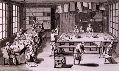 Tienda de flores artificiales, ilustración de la Enciclopedia o Diccionario Sistemático de las Ciencias, Artes y Oficios de Denis Diderot, publicado en 1765 de French School