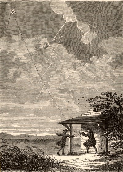 Impresión artística de la investigación de Benjamin Franklin sobre la naturaleza eléctrica de los rayos, de "Les Merveilles de a Science", de Louis Figuier, hacia 1870 (grabado). de French School