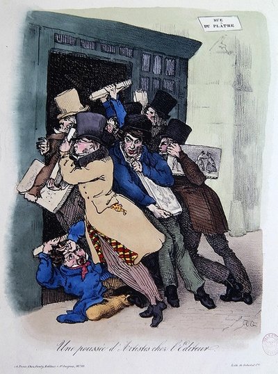 Artistas asediando la puerta del Editor, c.1830 de French School