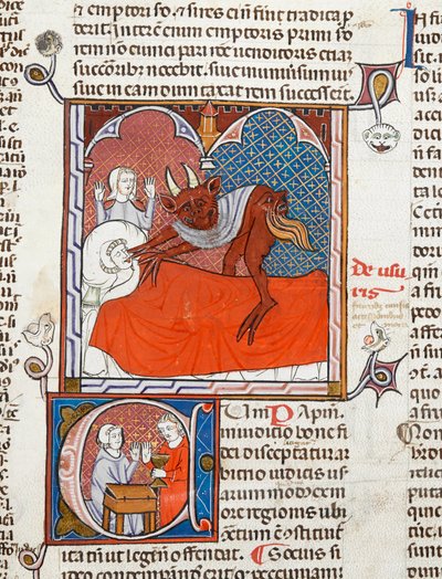 Arundel 484 f.245 Un diablo o demonio en el lecho de un muerto, ilustración de Digestum Vetus con glosa ordinaria, de Justiniano, c.1300-10 (vitela) de French School