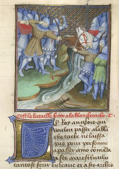 Arundel 67, f.144, Soldados medievales luchando, al otro lado de un río, de Chroniques d