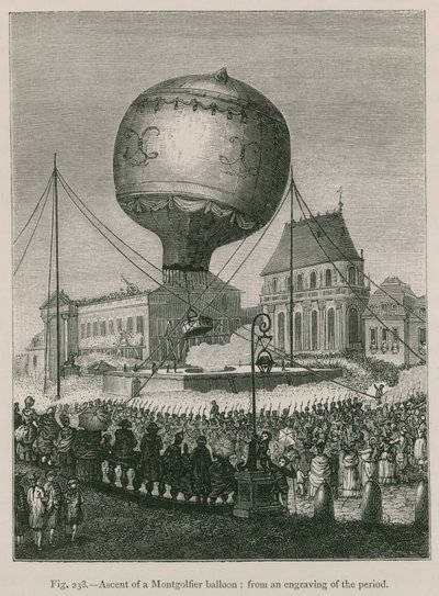 Ascenso de un globo Montgolfier; de un grabado de la época de French School
